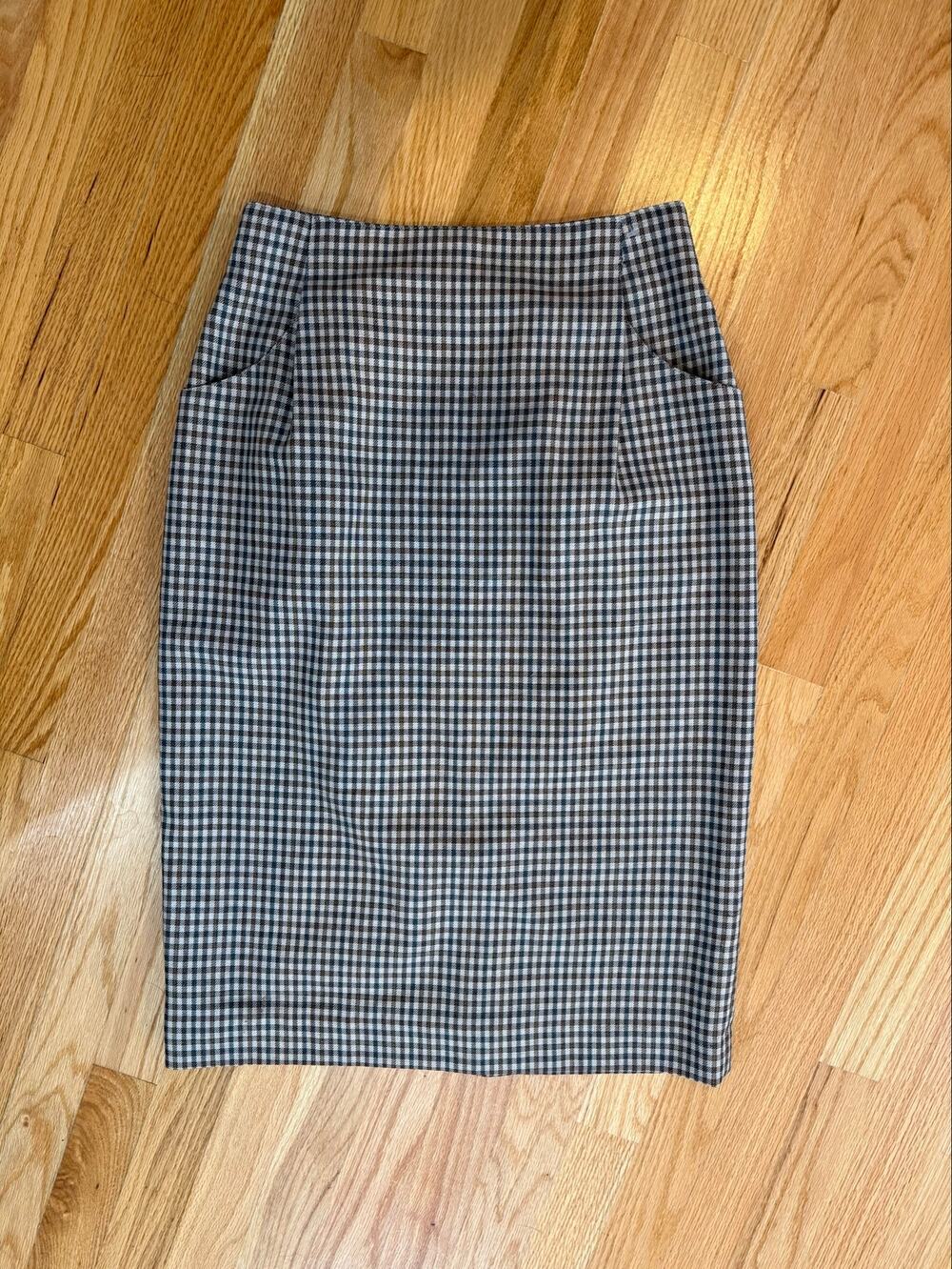 Gianni Sport Tan Multicolor Plaid Midi 100% Wool Pencil Skirt, Sz 8